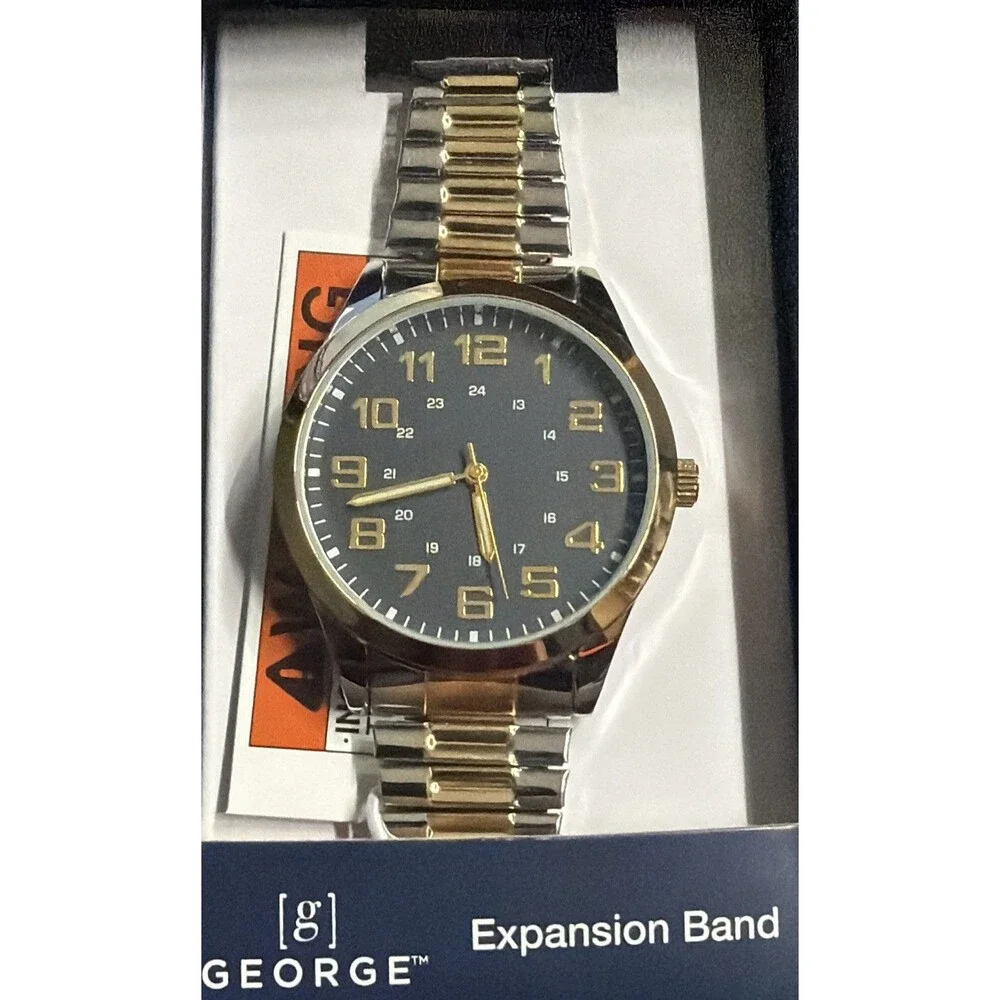 George Mens Watch 2 Tone Silver/Gold Case Blue Easy Read Dial Expansion Band NEW